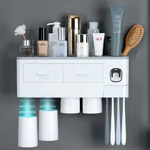 Family Household Magnetic Plastic Tooth Brushing Gargle Cup Automatic Toothpaste Dispenser & Covered Toothbrush Storage Holder