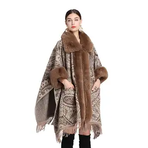 New Women's Winter Jacquard Capes Poncho and Cardigan Coats Faux Fur Fringe Shawl with Long Fur Trim
