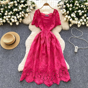 Nouvelles Robes Courtes Élégantes Haut de Gamme pour Femmes, en Dentelle Crochet Creuse, à Manches Courtes et Taille Cintrée, Tendance - Product Image 4