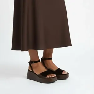 Sandales compensées rétro en velours pour <span class=keywords><strong>femme</strong></span>, à bout ouvert et bride cheville, confortables pour la plage, les vacances et les soirées - Product Image 2