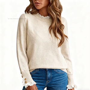 Pull en tricot à col rond et manches longues pour femme, avec bordure en dentelle patchwork, boutonné, tendance automne/hiver - Product Image 5