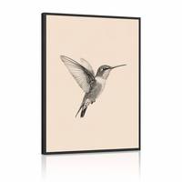 Tableau mural encadré en toile Colibri, cadre noir, illustration scientifique d'oiseau à l'encre, style vintage, technique de stippling, monochrome, nature