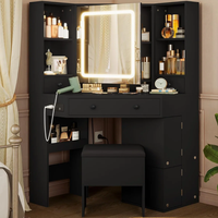Coiffeuse d'angle avec miroir LED, étagères rotatives, station de charge et tabouret de rangement intégré