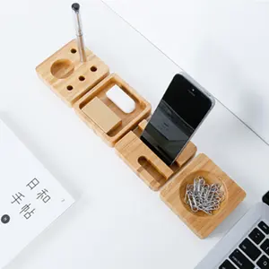 Bamboo Wood Desk Pen Holder Office Supplies Multipurpose Organizer For Desktop Office