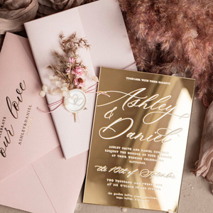 Invitations de mariage en acrylique miroir personnalisées Impression UV Enveloppe en feuille <span class=keywords><strong>d</strong></span>'or avec sceau de cire de fleur sèche pour anniversaires - Product Image 4