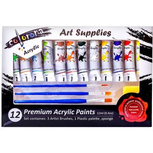 Ensemble de 12 peintures acryliques de qualité supérieure avec 3 pinceaux et 1 éponge pour artiste - Product Image 2