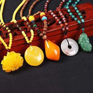 ผู้ผลิตเครื่องประดับ YL ขายส่งสร้อยคอพลาสติกสำหรับผู้หญิง จี้อำพันยาว สไตล์วินเทจ ลูกปัดสไตล์ชาติพันธุ์ เสื้อผ้าฝ้ายลินิน - Product Image 1