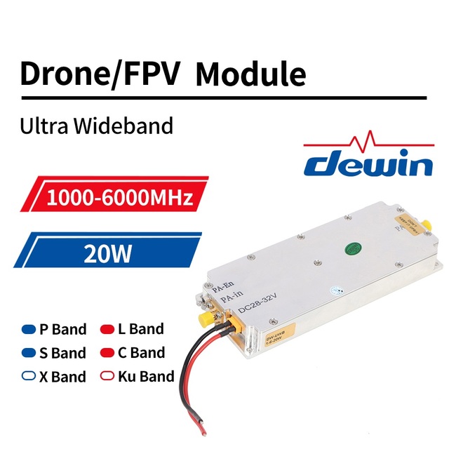 Dewin Ultra Wideband 1000-6000MHz 1-6GHz S Band Shipboard Radar 20W 28V 43dB Gain Power Amplifier UAV FPV EW Defense Anti-Drone