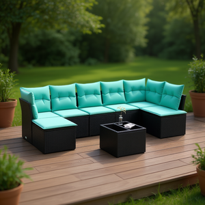 Set di divani da giardino in polyrattan nero, 8 pezzi con cuscini, mobili da esterno moderni - Product Image 2