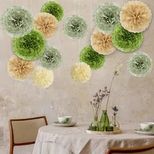 Olive Sage Green Neutral Pompom Tassel Flowers Wall Hanging Tissue Paper Pom Poms For Crafts Paper Flowers