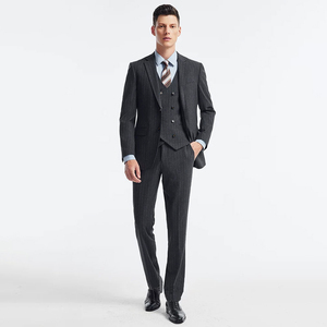 Costume 3 pièces de haute qualité à rayures, 66% polyester, revers crantés, coupe ajustée, formel, pour hommes - Product Image 2