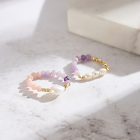 Mlluki Heilender Naturstein-Schmuckring Opal Lila Glimmer Echte Perle Charm Elastischer Stapelbarer Verstellbarer Perlenring
