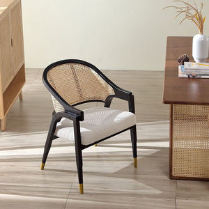 <span class=keywords><strong>Chaise</strong></span> de salle à manger moderne avec cadre en lin et accoudoirs en rotin tressé, dossier incurvé et pieds en noyer, imperméable pour la maison, les hôtels, les villas - Product Image 4