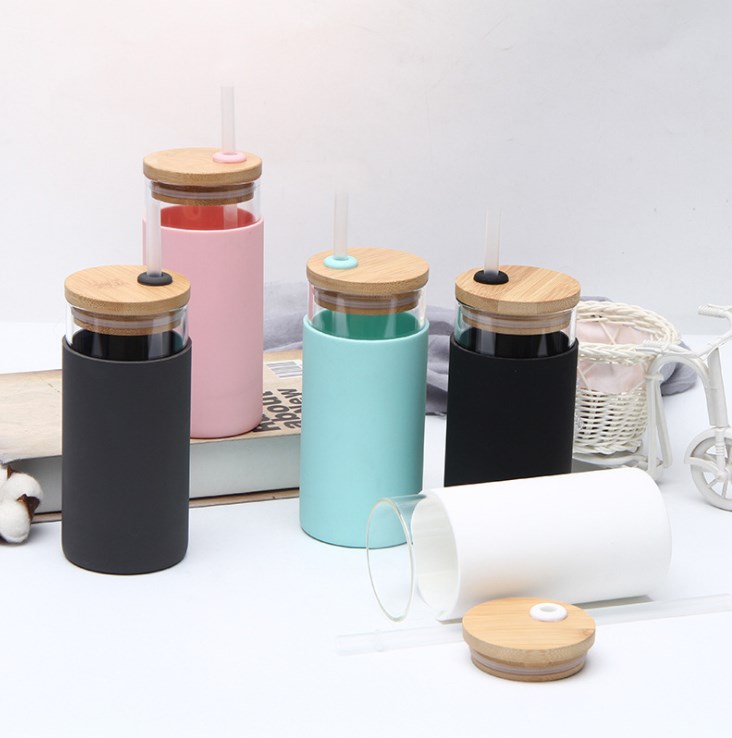 20oz Glass Tumbler Glass Water Bottle Straw Silicone Protective Sleeve Bamboo Lid