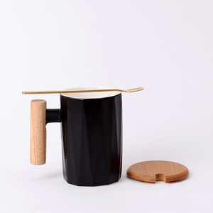<b>Ceramic</b> Mug With Wooden Handle Solid Color Coffee <b>Cup</b> For Gift - Product Image 2