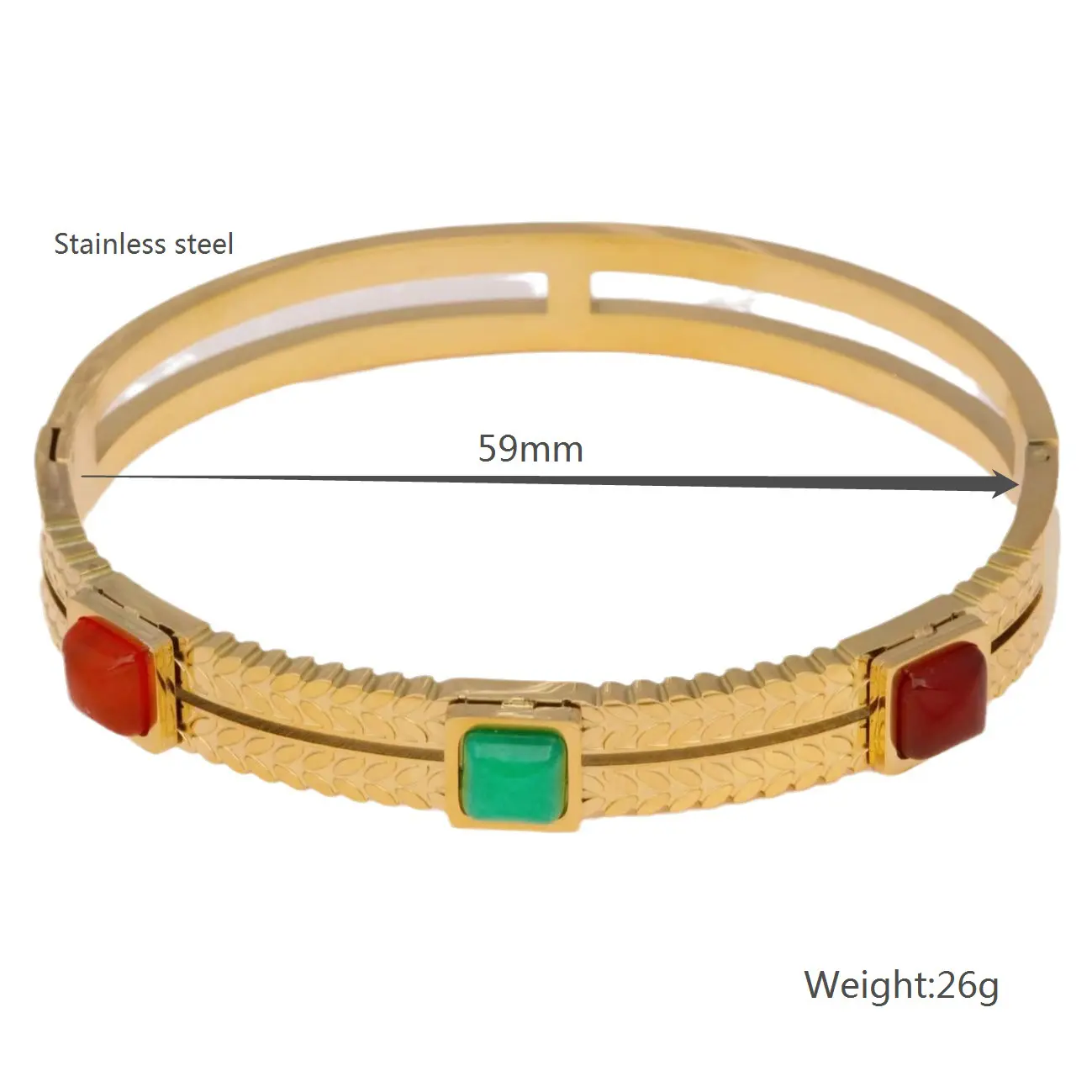 Design rubis et émeraude à la mode, bracelet en métal haut de gamme en acier au titane plaqué or et non décoloré en gros