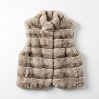 Gilet court décontracté coupe-vent en fourrure de lapin Rex véritable gris taupe pour femme, avec empiècements et col mandarin à bouton unique