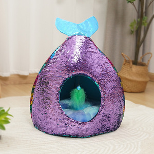 Nid pour chat en forme de sirène, design ovale avec paillettes colorées et jouet intégré, pour chats, maison confortable et chaude pour l'hiver - Product Image 1