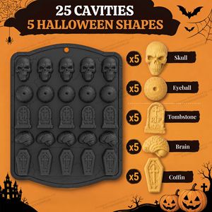 Nouveau <span class=keywords><strong>moule</strong></span> à chocolat d'<span class=keywords><strong>Halloween</strong></span> <span class=keywords><strong>avec</strong></span> motifs de crâne, d'œil et de pierre tombale, 25 cavités, pour la décoration de gâteaux de fêtes DIY, usage domestique, en stock - Product Image 3