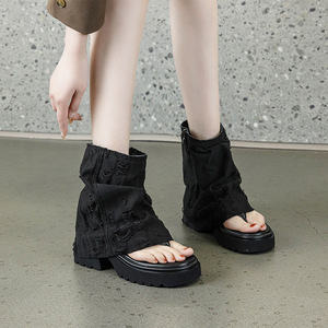 2026 Summer New Arrival Denim <b>Toe</b> Post <b>Sock</b> Sandal Wedge Heel Stackable Fashion Boots <b>for</b> Women - Product Image 1