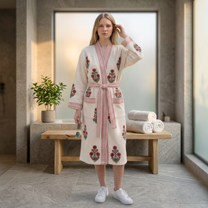 Women Floral Embroidered Waffle Robe Long Sleeve V-Neck Knee Length 100% Cotton Soft Casual Summer <b>Dressing</b> <b>Gown</b> BATH ROBE - Product Image 2