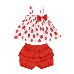 Children Outfits Baby Girl Clothes Summer Strawberry Prints T Shirts Tops Kids Summer Red Cotton Bloomer Shorts Girl Clothes