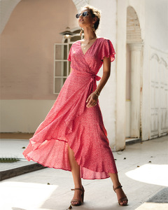 Abito da donna <span class=keywords><strong>con</strong></span> volant e scollo a V, maniche corte, in chiffon lungo al ginocchio, vita naturale, antipiega, per l'estate - Product Image 2