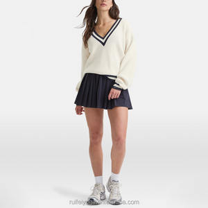 OEM Custom Design Winter Contrast Stripe <strong>Cricket</strong> <strong>Jumper</strong> Oversized <strong>Women</strong> V Neck Knitted Sweaters - Product Image 2