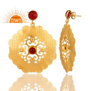 Boucles d'oreilles en pierres précieuses Aventurine rouge CZ faites à la main en plaqué or 18 carats boucles d'oreilles à la mode fabricant de bijoux en laiton Collection Vintage - Product Image 2