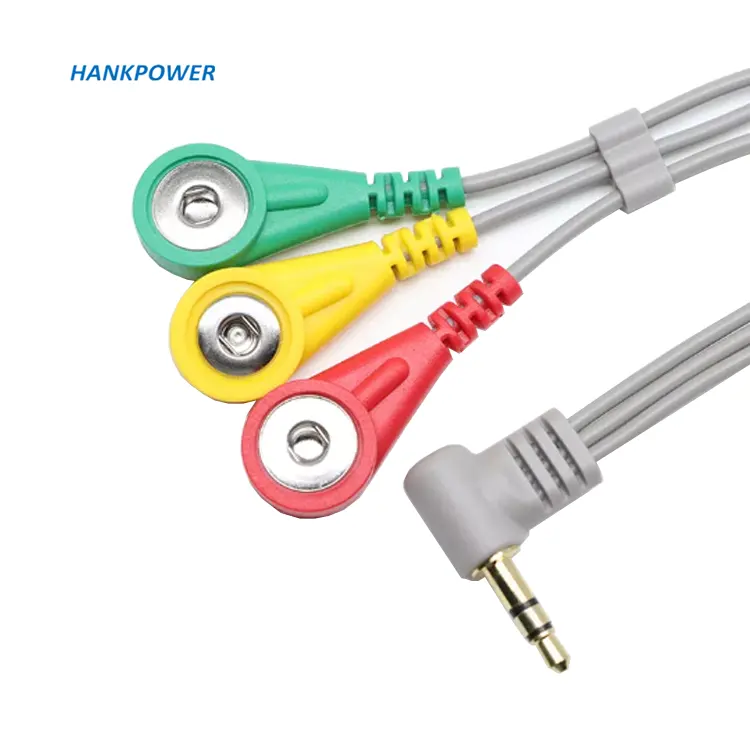 Cables de plomo ECG OEM 3, 4,0 MM, botón hembra a 90 grados, conector de Audio de 3,5 MM, Cable de electrodo ECG
