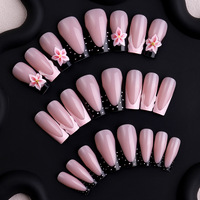 Faux ongles à presser roses, motif fleur 3D, style French Manucure, forme cercueil, en ABS, durables, finition brillante, pour mariage et fête, certifiés OEM ODM MSDS