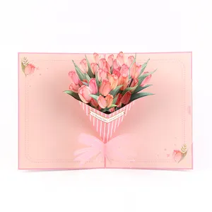 도매 3D 팝업 인사말 카드 스몰 사이즈 디지털 인쇄 디자인 튤립 꽃다발 어머니의 날 생일 축제 소원