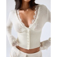 Cardigan en dentelle pour femme, tricoté, élégant, style coréen, coupe ajustée, décontracté, automne, rétro, patchwork, col en V, crop top