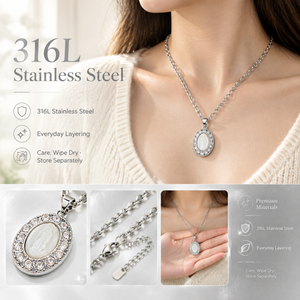 Collier pendentif ovale en acier titane avec chaîne en O et camée en nacre cubique pour femme, style vintage, luxe léger, vente chaude - Product Image 5