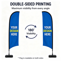 Drapeau de plage personnalisé de qualité supérieure, double face, couleur pleine, sublimation par transfert thermique, avec base croisée robuste pour les programmes d'affichage en grande volume