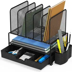 Porta oggetti porta oggetti per ufficio organizer desktop in mesh a doppio strato con cassetto scorrevole a 5 sezioni per libreria