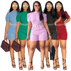 <span class=keywords><strong>Abbigliamento</strong></span> Femminile alla Moda, Tuta Intera Casual a Maniche Corte con Collo Tondo, Vestibilità Ampia, Lavorazione a Maglia, Tinta Unita - Product Image 1