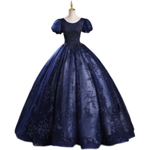 Navy Blue Ball Gown Dress With Puff Sleeves Floral Print Organza Empire Waistline Scoop Neckline Evening Gown For Performances - Product Image 5