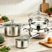 Ensemble de 7 casseroles en acier inoxydable inductives avec cuiseur vapeur et couvercles en verre trempé
