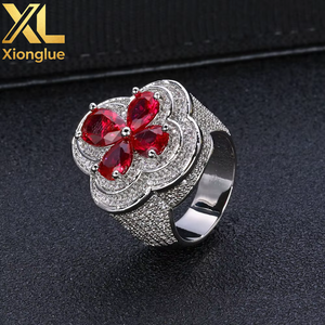 Men's Trendy Hiphop Customize <b>Ring</b> Copper Gold Plated Four Leaf Princess Cut Zircon Green Red Gemstone Flower <b>Iced</b> - Product Image 2