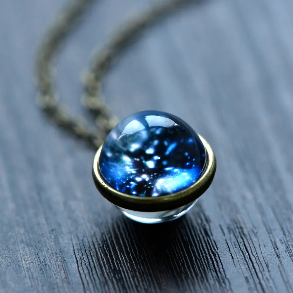 Universe Planet Galaxy Double Sided Pendant Necklace Glow In The Dark Jewelry Glass Art Handmade Statement Necklace