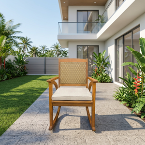 Fauteuil à bascule moderne en bois d'acacia de qualité supérieure, dossier en rotin KD, coussin en polyester imperméable pour jardin, cour, chambre, extérieur - Product Image 4