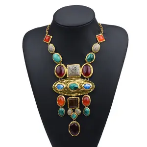 Desainer Geometris Batu Permata Warna-warni Emas Disepuh Pernyataan Aksesoris Perhiasan India Batu Permata Panjang Bib Kalung untuk Wanita