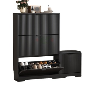 <span class=keywords><strong>Meuble</strong></span> à chaussures noir rainuré avec 4 tiroirs basculants et banc, range-chaussures étroit en bois dissimulé pour entrée - Product Image 1