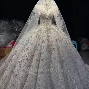 Hz022 Opulent <b>Silver</b> White High Illusion Collar Full Body Baroque Swirl Beaded Cathedral Ball Gown <b>Wedding</b> <b>Dress</b> Jancember - Product Image 5