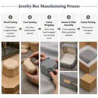 JUNSEN Maßgefertigtes Abgeschrägtes Achteckiges Samt-Schmuckbox-Set 3-teilig Grau-Gold Namensschild Massivholz-Kern Ring Halskette Geschenk