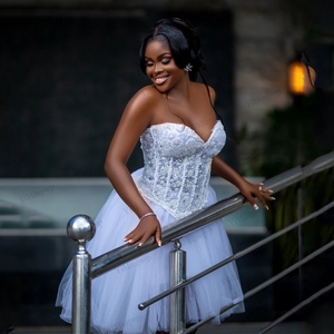 Vestidos de <span class=keywords><strong>Novia</strong></span> Africanos para Mujeres Jóvenes, con Apliques, Escote Corazón, Perlas, Línea A, Tul, Vestido Corto de Compromiso, Personalizado - Product Image 1