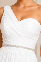 Robe de soirée blanche asymétrique à épaule unique, corsage froncé, ceinture ornée de cristaux, en tulle, coupe trapèze, longueur ras du sol, vente en gros, robe de cérémonie