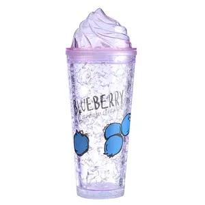 16oz Gel Frosty Freezer Double Wall Mugs Drinkware for Beverages ,Ice Cold Plastic Tumbler Cup with Ice Cream Lid and Straws