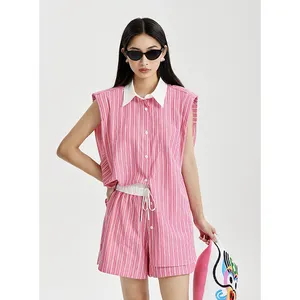 Blusas de algodón rústico para mujer, hermosa camisa de manga larga, cuello de botón a rayas sin mangas, estilo informal suelto, tejido para niñas de verano